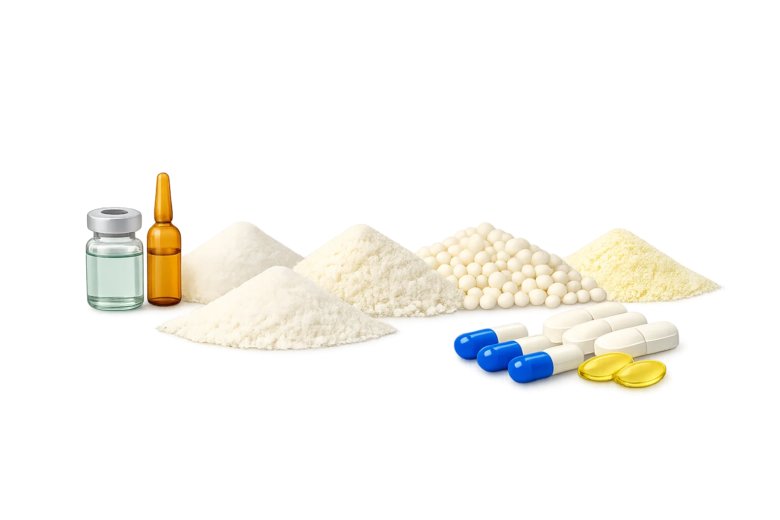 Farmaceutiske API pulvertyper, pellets og kapsler vist til vakuumtransport i pharma produktion