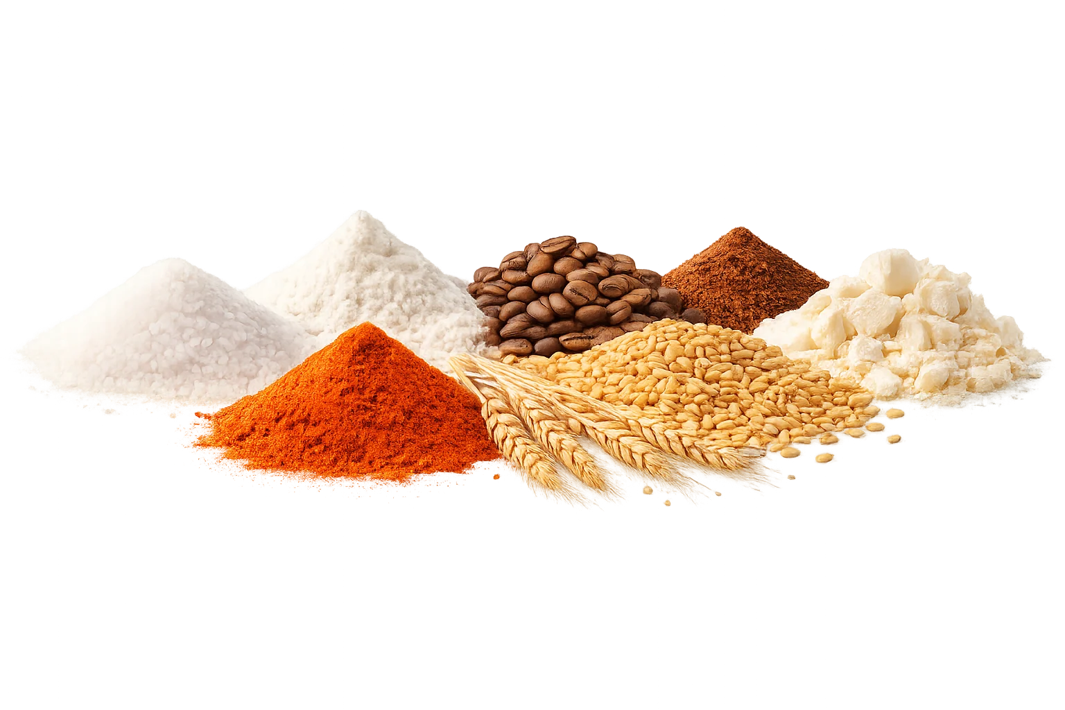 Forskellige fødevareingredienser som mel, sukker, paprika, korn og kaffebønner vist som pulver- og granulatform til vakuumtransport