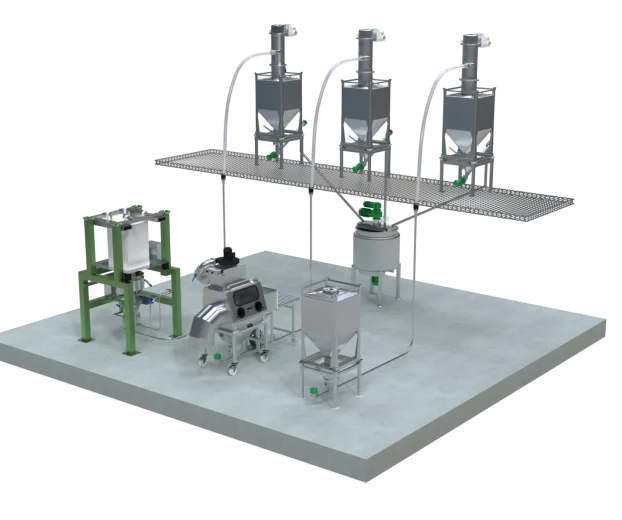 Procesudstyr til pulverhåndtering med big bag, IBC containere, bag dump station og vakuumtransport